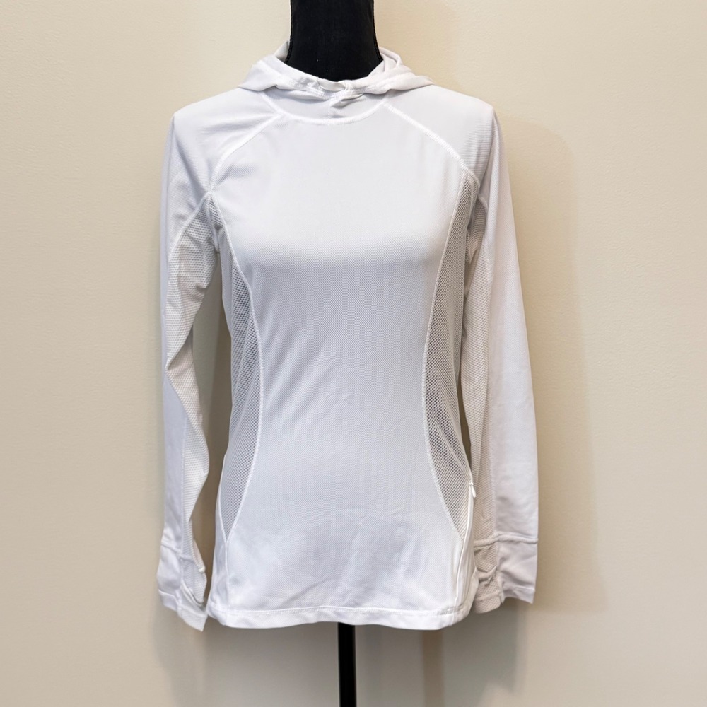 Fabletics Alecia Womens White Mesh Panel Long Sleeve Active Hoodie Thumbholes S?